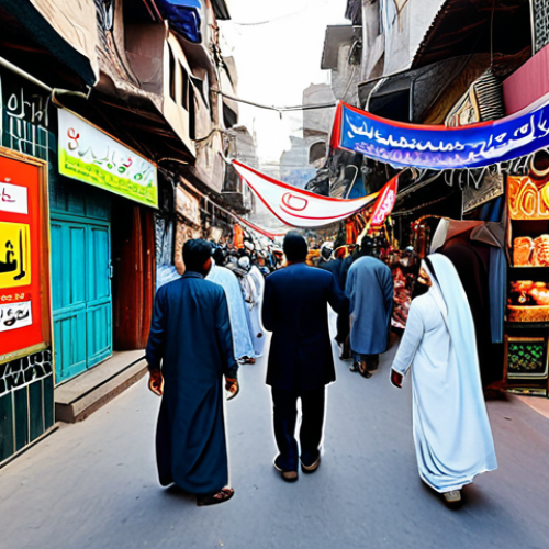 Home 7 광고 캠페인 설계 - Brand Awareness Campaign**
"A vibrant scene showcasing a local Urdu bazaar, with eye-catching banne...