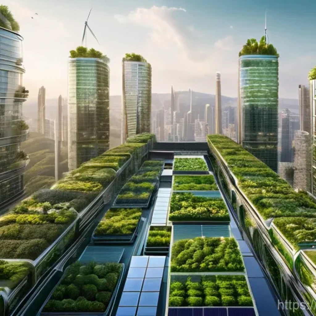 윤리적 투자 - **Prompt:** A vibrant, futuristic city skyline at dawn, showcasing a harmonious blend of advanced su...