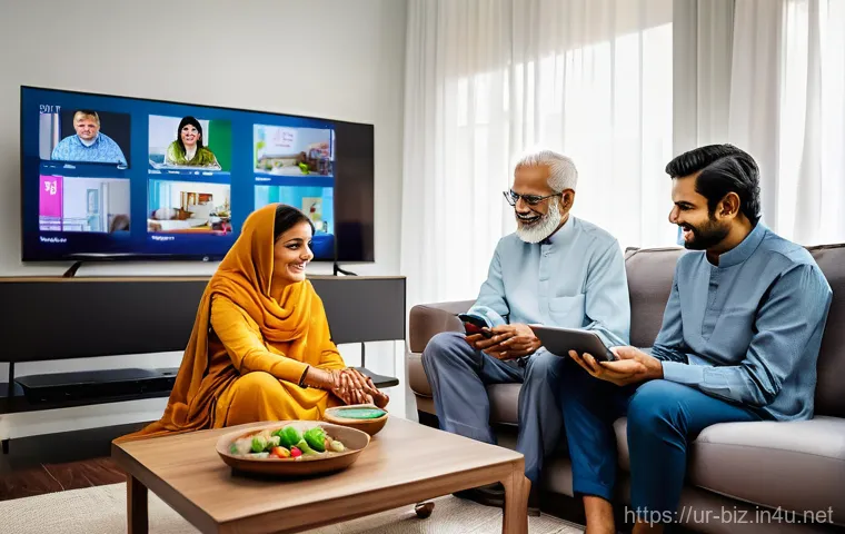 디지털 전환 - **Prompt 1: "A serene, well-lit living room in a modern Pakistani home, showcasing a multi-generatio...