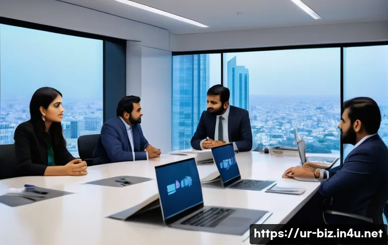 윤리적 기업 전략 - A modern corporate office scene in Karachi, Pakistan, showcasing a diverse team of professional men ...