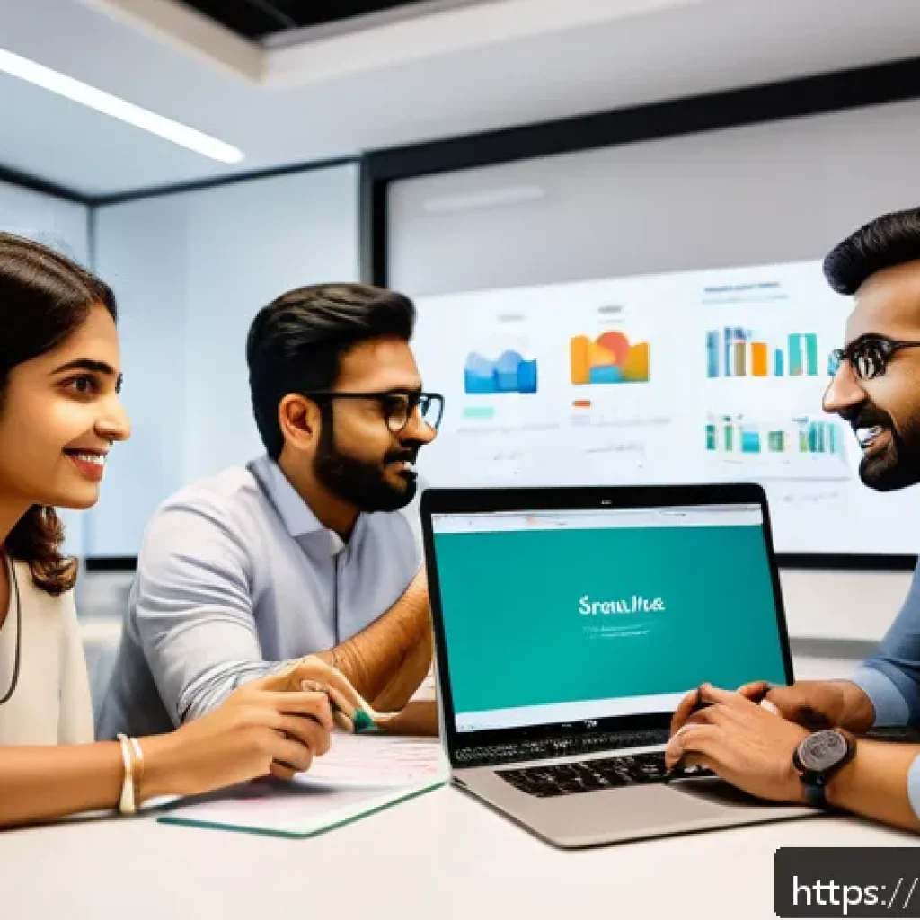 모바일 마케팅 - A professional scene of a South Asian mobile marketing team in an office environment, featuring dive...