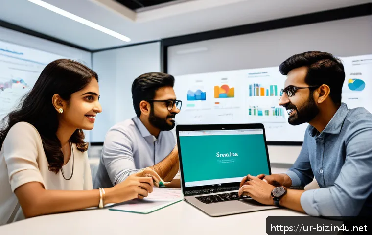 모바일 마케팅 - A professional scene of a South Asian mobile marketing team in an office environment, featuring dive...
