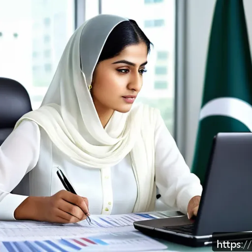 재무 제표 분석 - A professional Pakistani businesswoman in a modern office setting, attentively analyzing detailed fi...