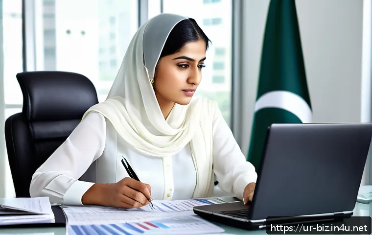 재무 제표 분석 - A professional Pakistani businesswoman in a modern office setting, attentively analyzing detailed fi...