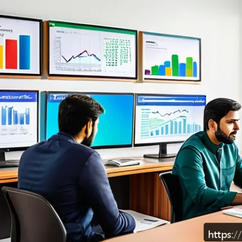 Home 33 소비자 행동 분석 - A detailed digital marketing office scene in Pakistan, showing a diverse team analyzing colorful gra...