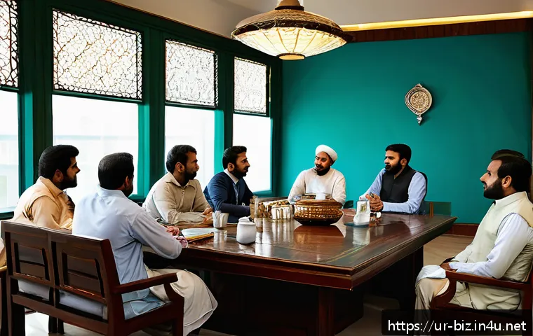 직장 내 윤리 - A professional office scene featuring a diverse team of Pakistani colleagues engaged in a collaborat...