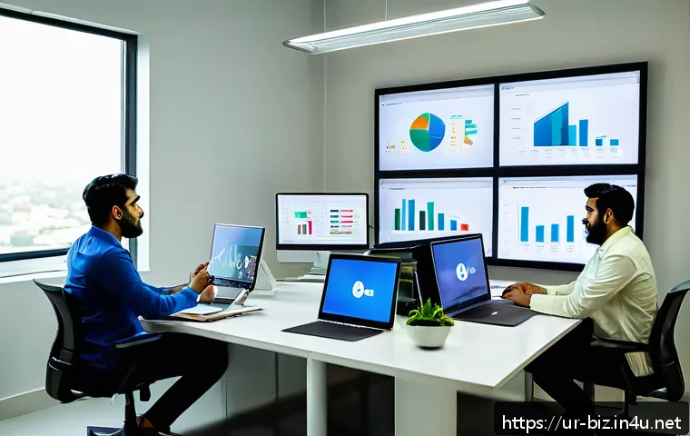 경영학 전공 심화 과정 - A modern office scene in Karachi featuring a diverse team of Pakistani professionals using digital t...