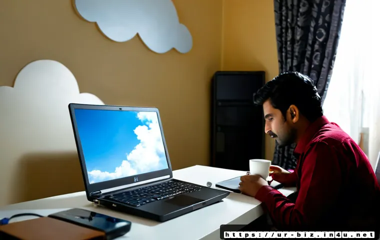 클라우드 컴퓨팅 - Photorealistic modern home office in Lahore, Pakistani freelance professional working on a laptop be...